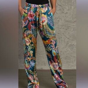 Johnny Was Vibrant Print Silk Pull On Drawstring Pants